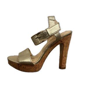 Nine West Silver Tan Cork High Heel Sandals 6.5